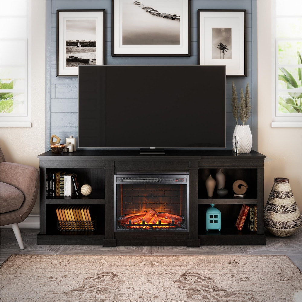 Baileywick 75" TV Console with Electric Fireplace, Black Oak