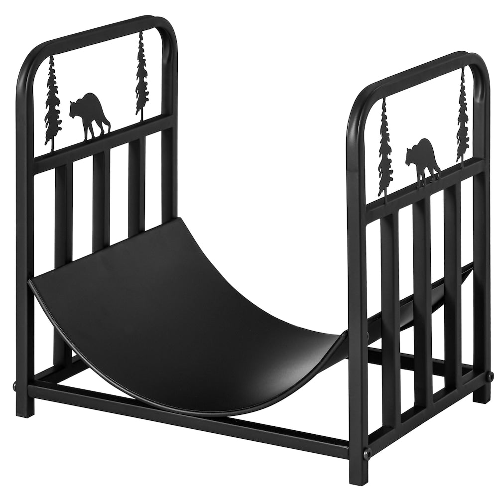 Firewood Rack with Bear and Pine Tree, Log Holder, Black