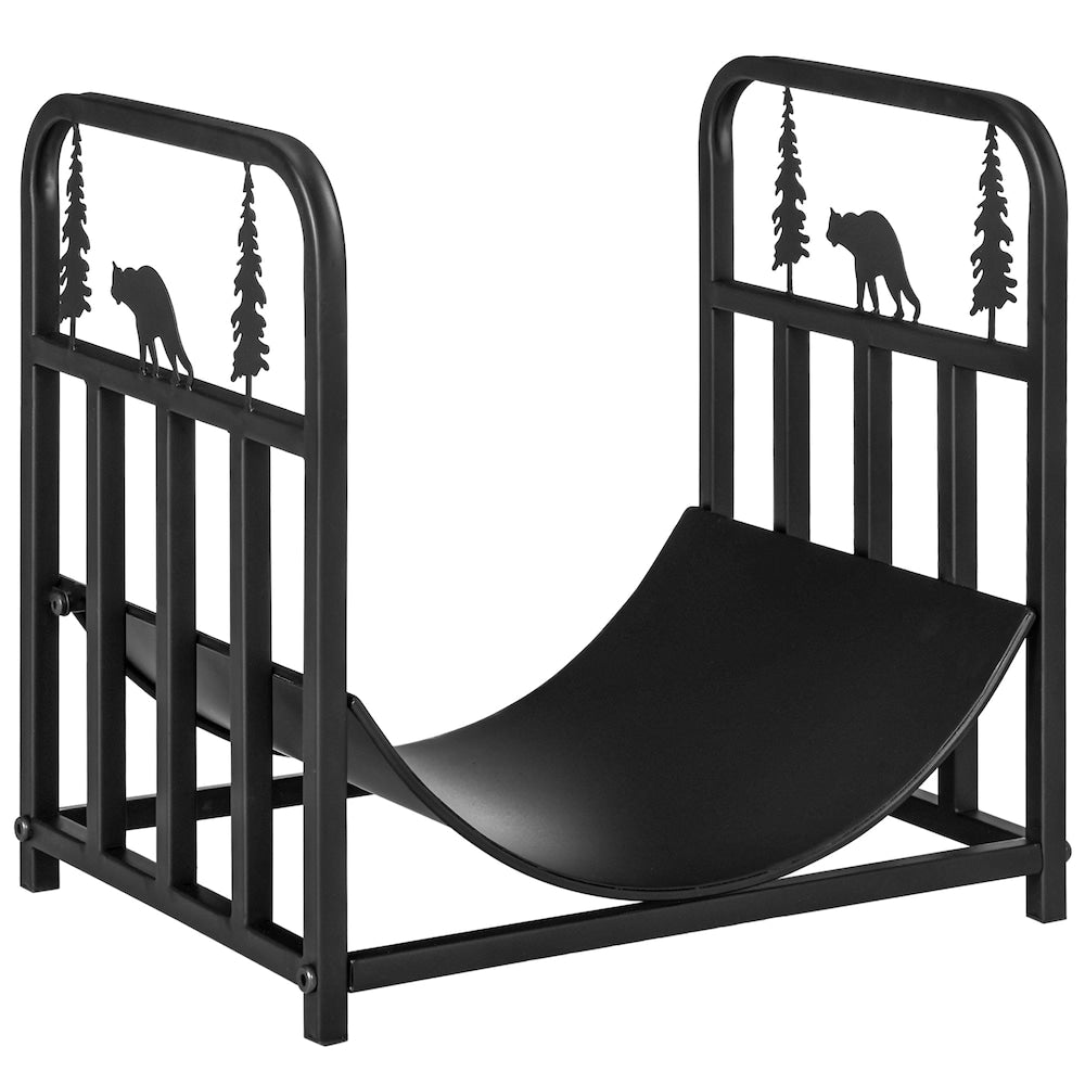 Firewood Rack with Bear and Pine Tree, Log Holder, Black