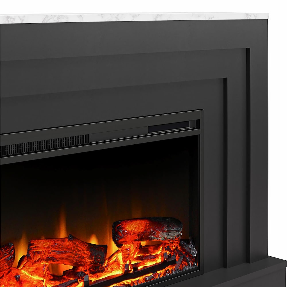 Ameriwood Home Lynnhaven Wide Mantel with Linear Electric Fireplace, Black w/White Faux Marble Top