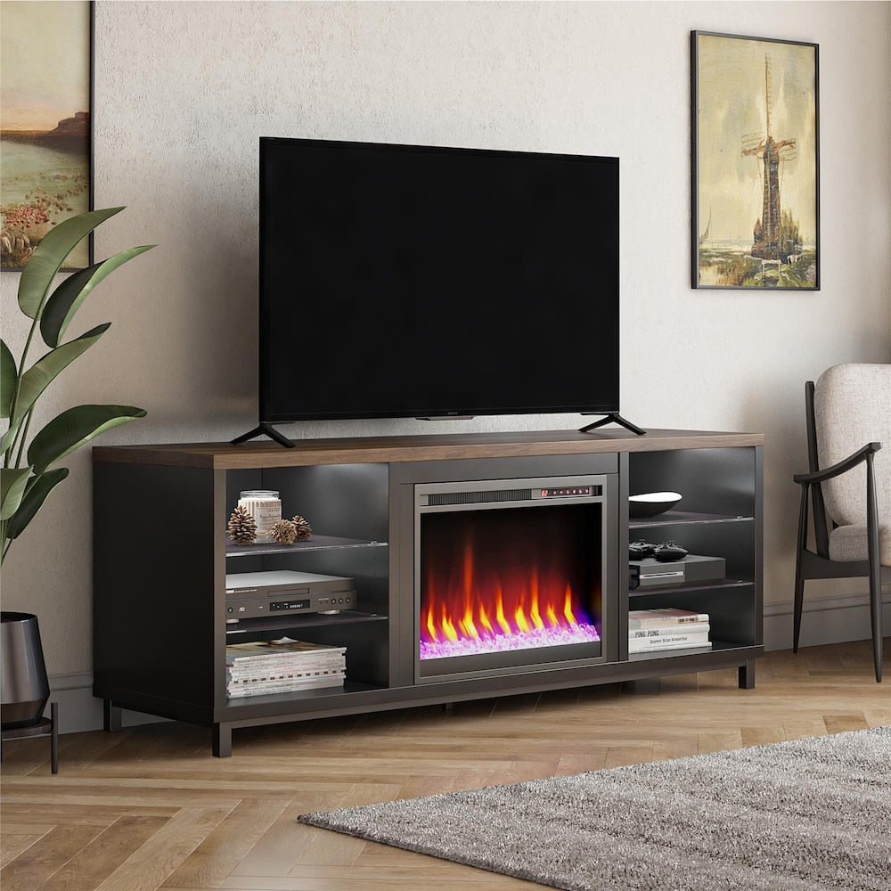 Ameriwood Home Lumina Deluxe Fireplace TV Stand for TVs up to 70", Black with Walnut Top