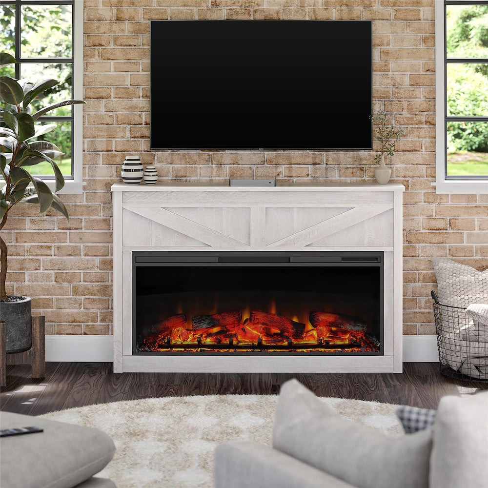 Ameriwood Home Farmington Wide Modern Farmhouse Mantel with Electric Fireplace, Ivory Oak