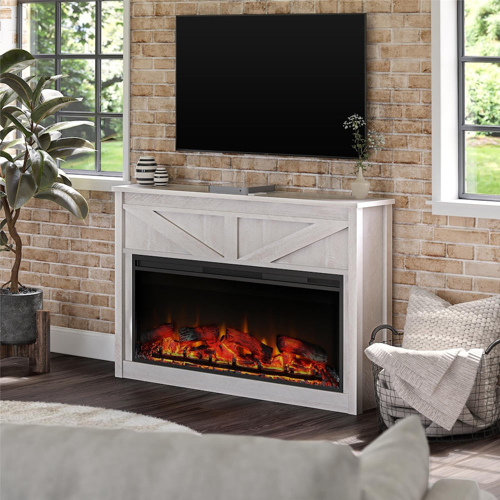 Ameriwood Home Farmington Wide Modern Farmhouse Mantel with Electric Fireplace, Ivory Oak