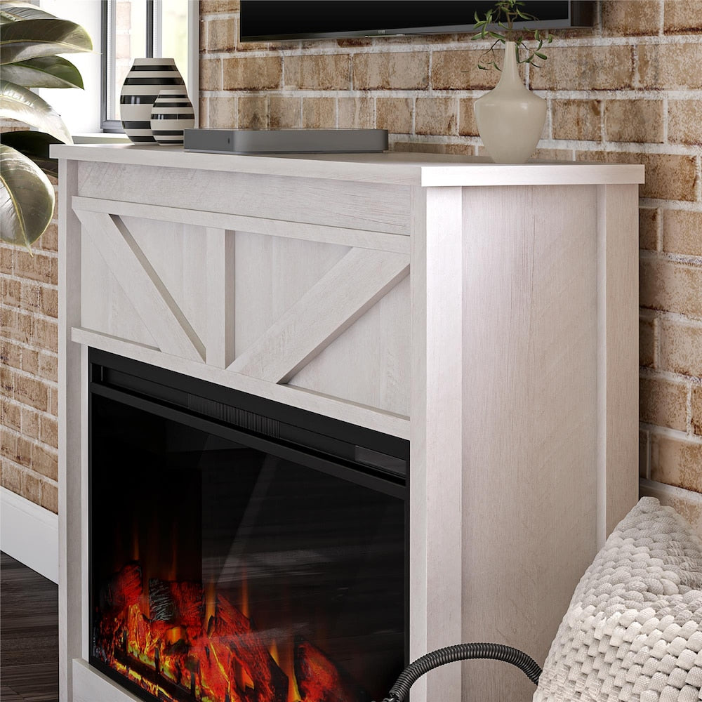 Ameriwood Home Farmington Wide Modern Farmhouse Mantel with Electric Fireplace, Ivory Oak