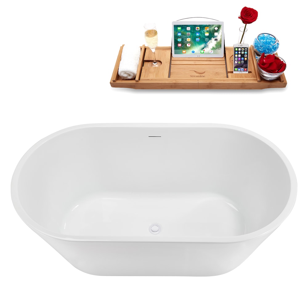 NB5160WH 54 inch Freestanding Oval Acrylic Bathtub in Glossy White, Tray, Glossy White Centre Drain