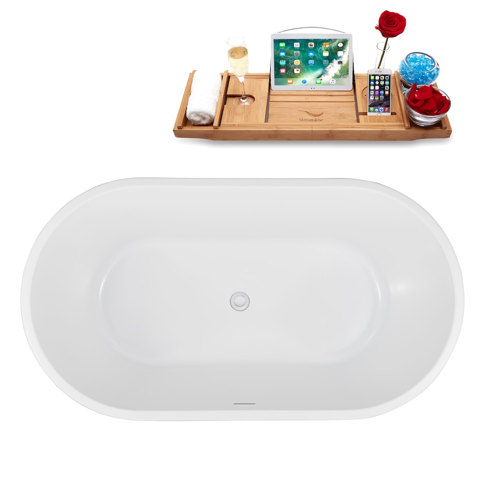 NB5160WH 54 inch Freestanding Oval Acrylic Bathtub in Glossy White, Tray, Glossy White Centre Drain