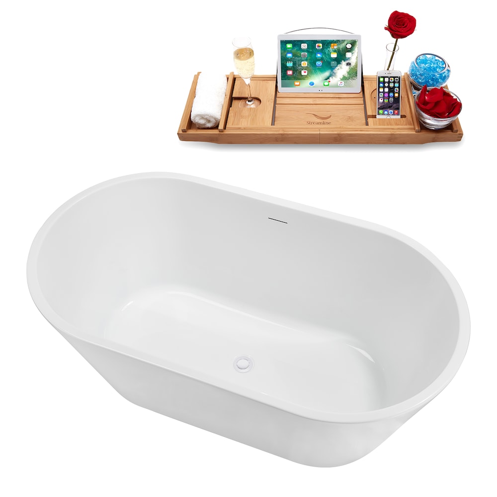 NB5160WH 54 inch Freestanding Oval Acrylic Bathtub in Glossy White, Tray, Glossy White Centre Drain