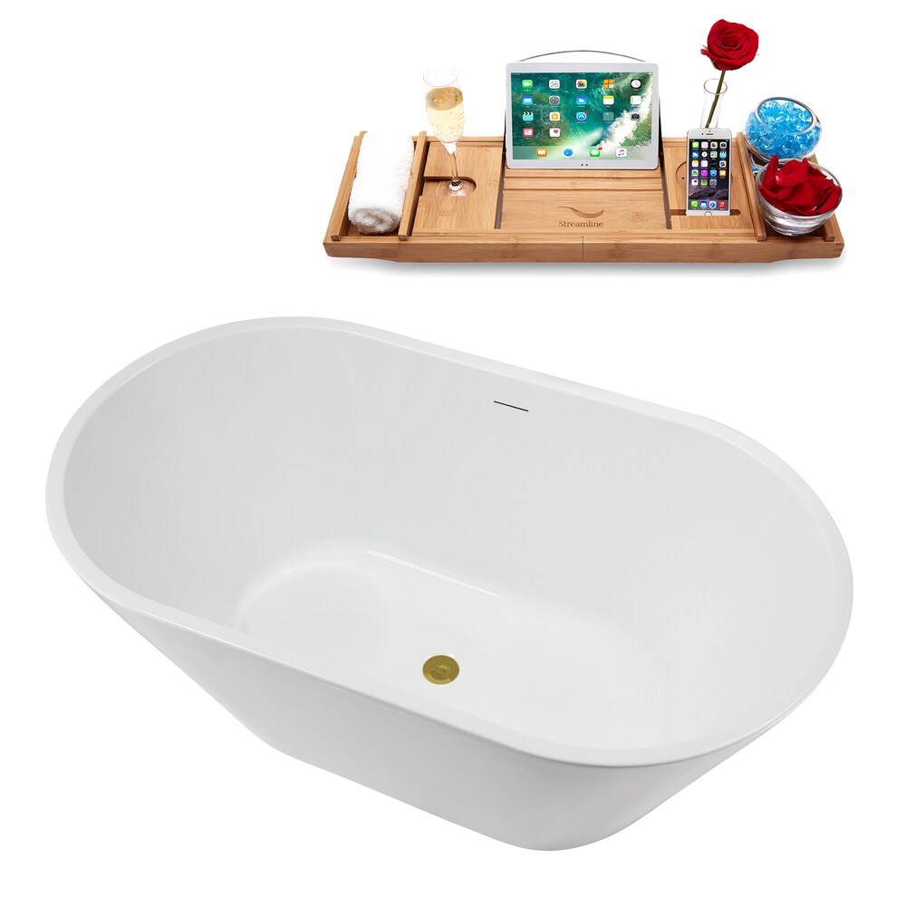 NB5180BGL 54 inch Freestanding Oval Acrylic Bathtub in Glossy White, Tray, Brushed Gold Centre Drain