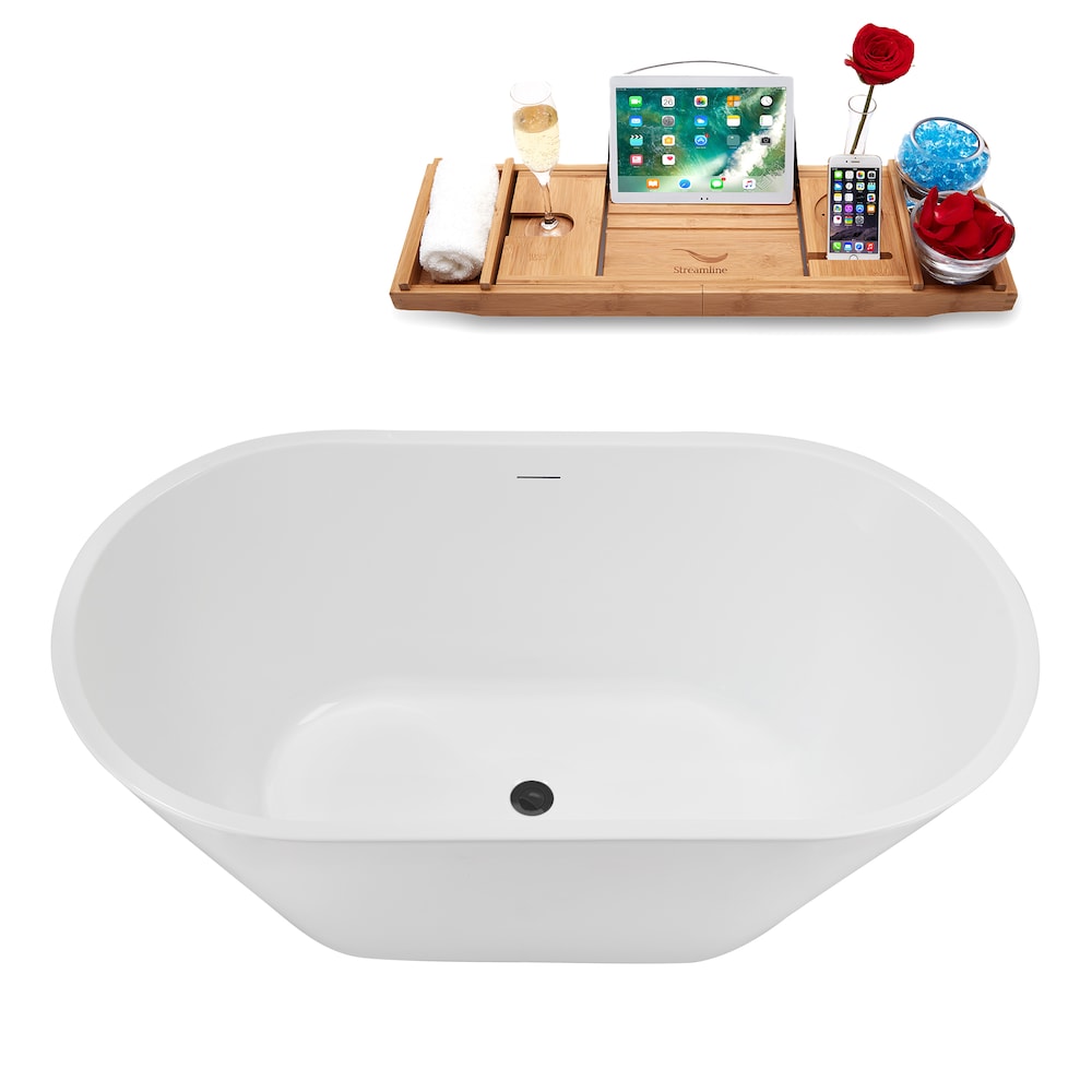 NB5180BGM 54 in.Freestanding Oval Acrylic Bathtub in Glossy White,Tray,Brushed GunMetal Centre Drain
