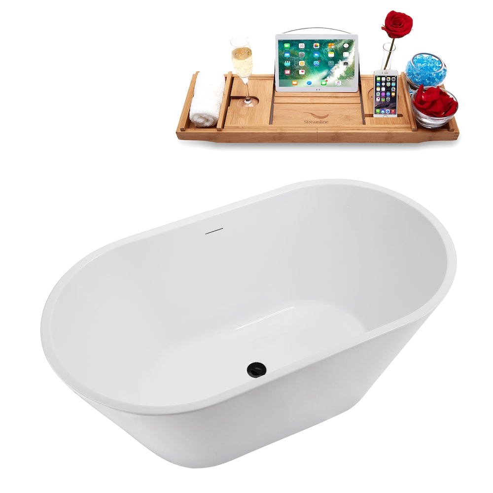 NB5180BL 54 inch Freestanding Oval Acrylic Bathtub in Glossy White, Tray, Matte Black Centre Drain