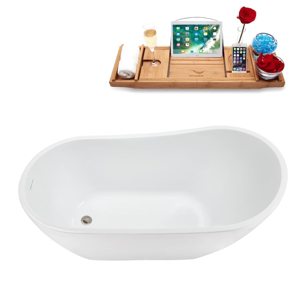 NB5200BNK 55 inch Freestanding Oval Acrylic Bathtub in Glossy White, Tray, Reversible Drain