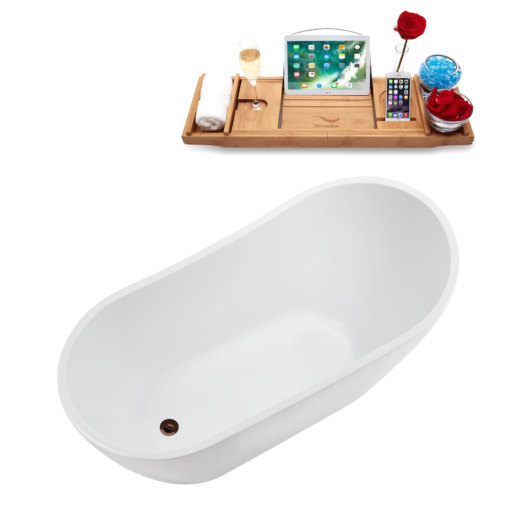 Baignoire ovale autoportante en acrylique NB5200ORB de 55 pouces en blanc brillant, plateau, drain réversible