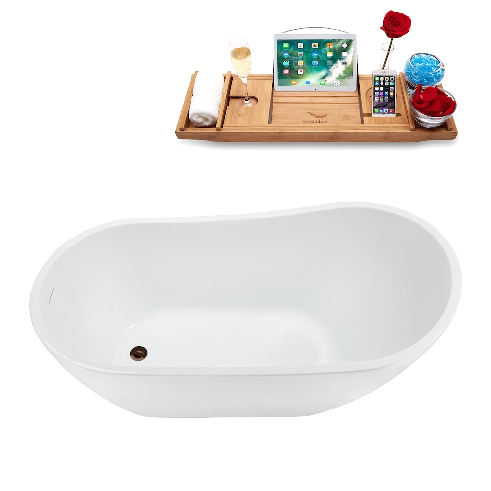 Baignoire ovale autoportante en acrylique NB5200ORB de 55 pouces en blanc brillant, plateau, drain réversible
