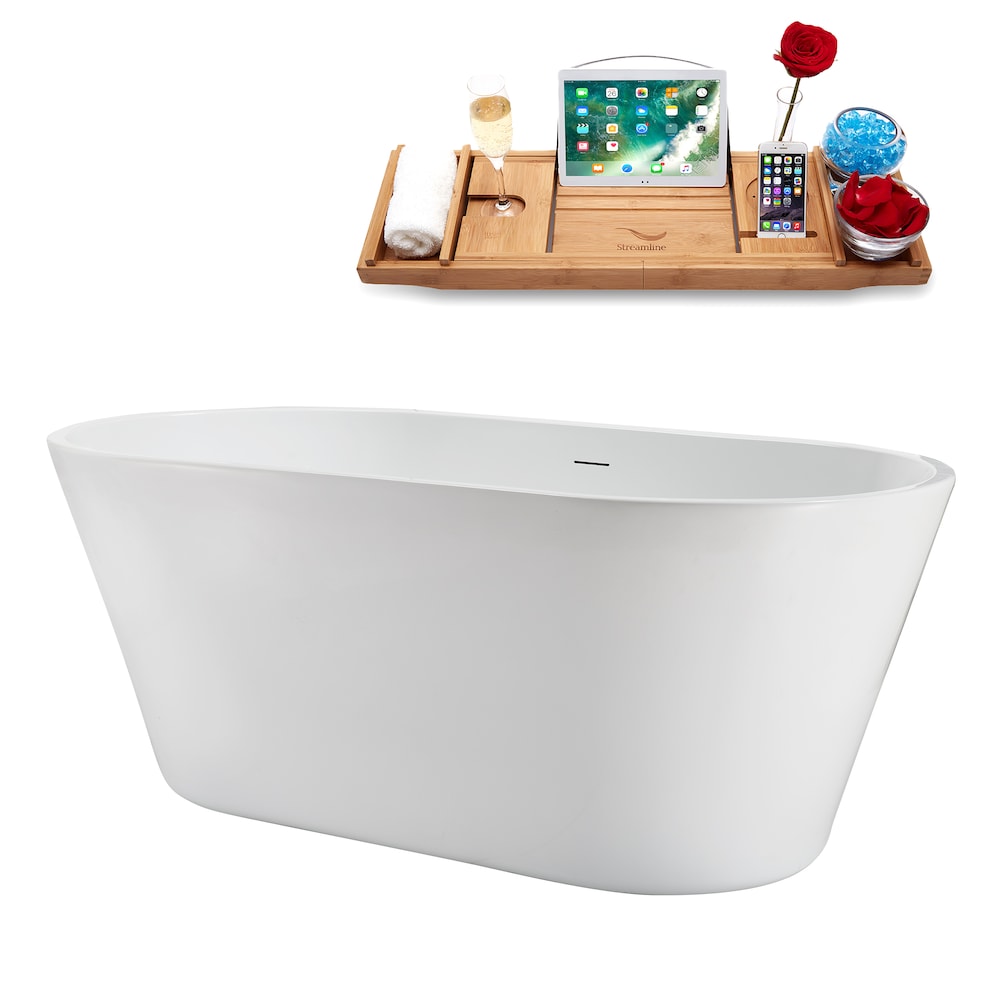 NB5220CH 59 in. Freestanding Oval Acrylic Bathtub in Glossy White,Tray, Polished Chrome Centre Drain