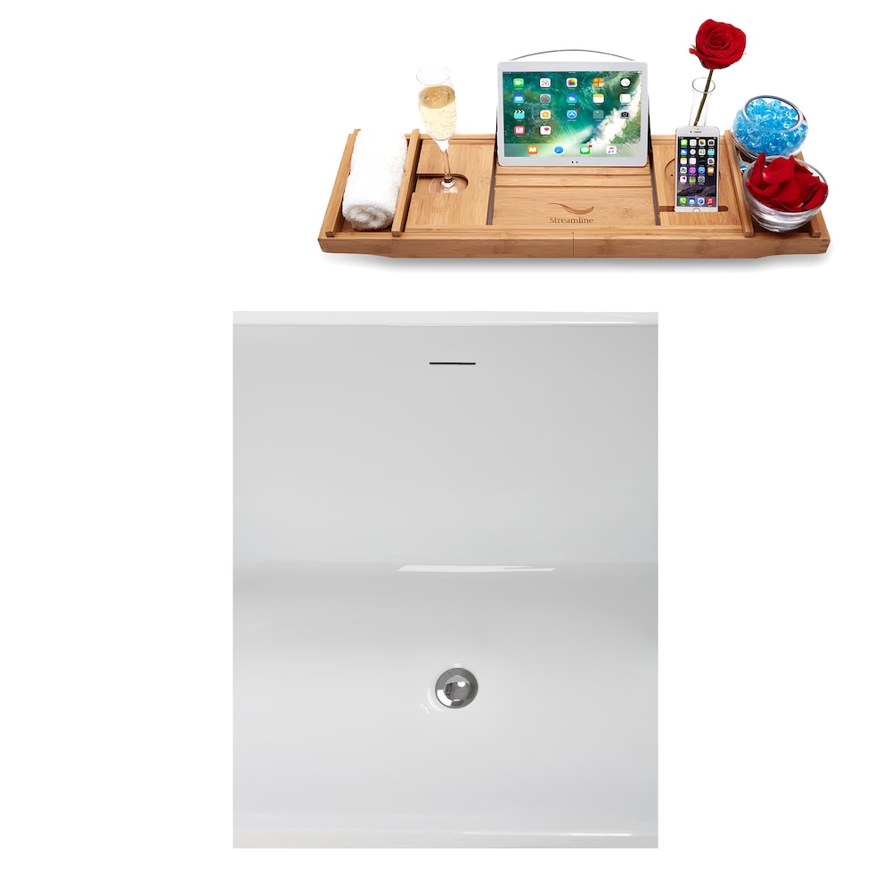 NB5220CH 59 in. Freestanding Oval Acrylic Bathtub in Glossy White,Tray, Polished Chrome Centre Drain