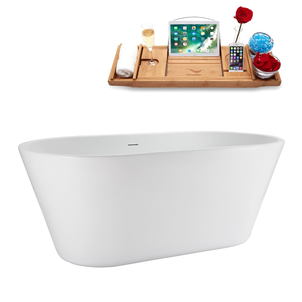 NB5220GLD 59 in. Freestanding Oval Acrylic Bathtub in Glossy White, Tray, Polished Gold Centre Drain
