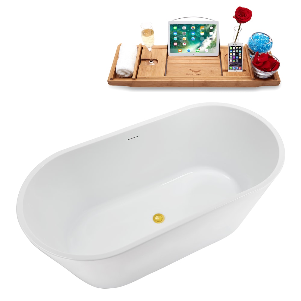 NB5220GLD 59 in. Freestanding Oval Acrylic Bathtub in Glossy White, Tray, Polished Gold Centre Drain