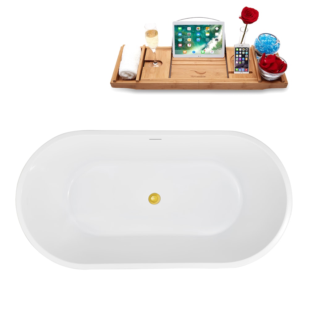 NB5220GLD 59 in. Freestanding Oval Acrylic Bathtub in Glossy White, Tray, Polished Gold Centre Drain