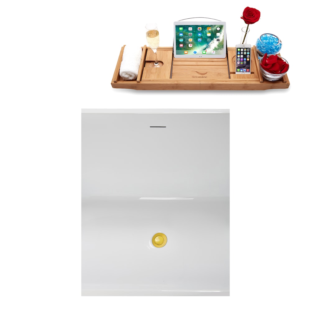 NB5220GLD 59 in. Freestanding Oval Acrylic Bathtub in Glossy White, Tray, Polished Gold Centre Drain