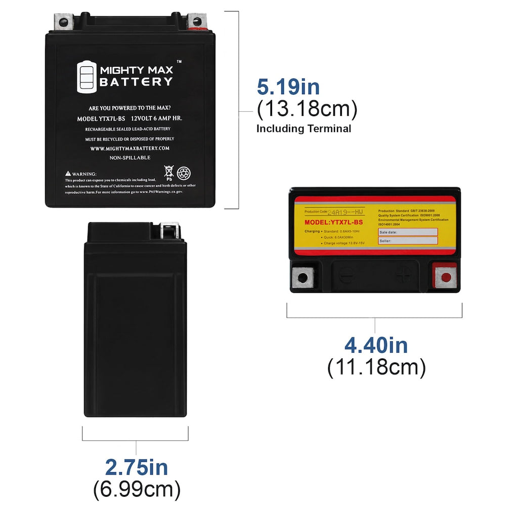 Batterie de moto rechargeable sans entretien SLA AGM YTX7L-BS - 12 volts 6 AH, 100 CCA