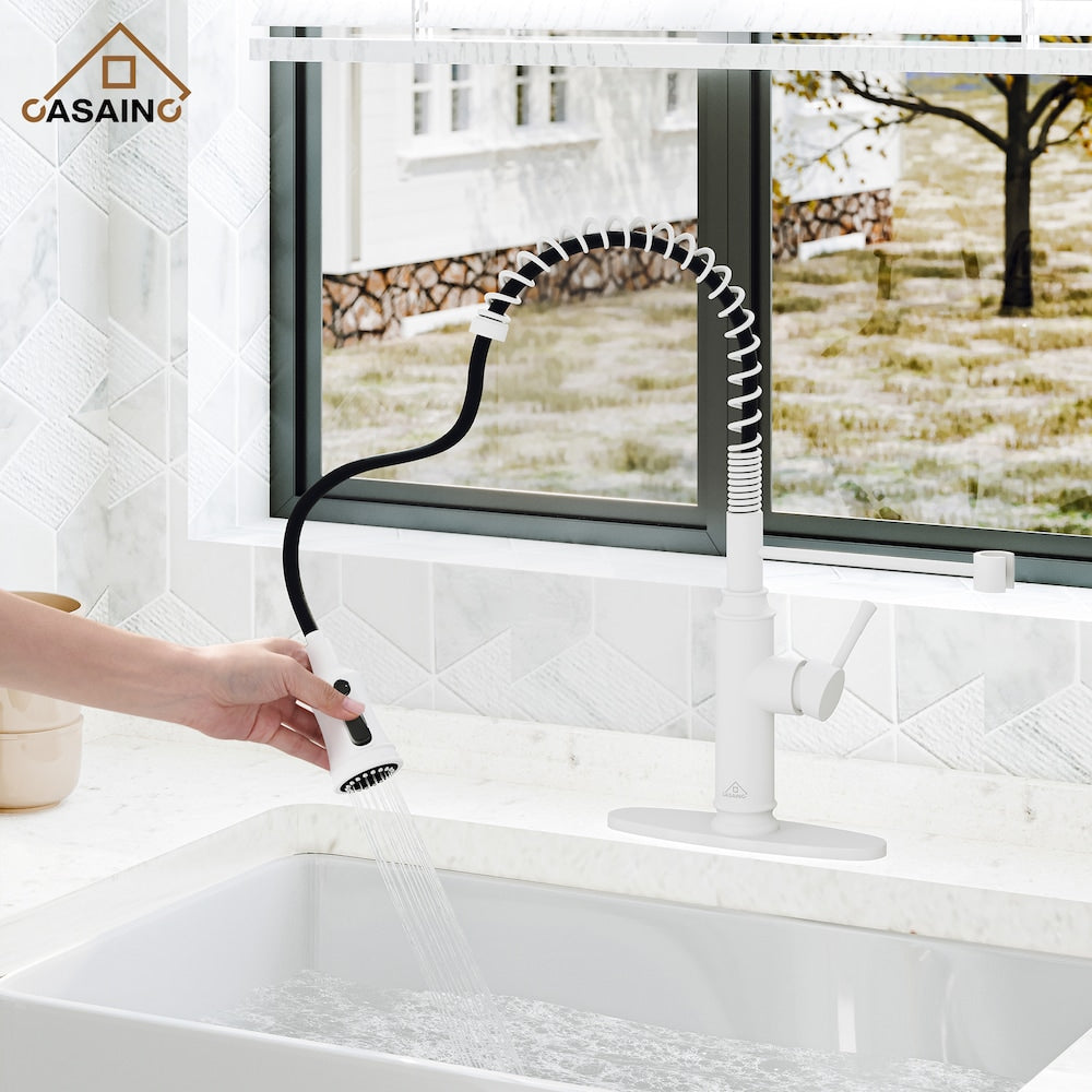 Single Handle Pull-Down Sprayer Kitchen Faucet in Matte White