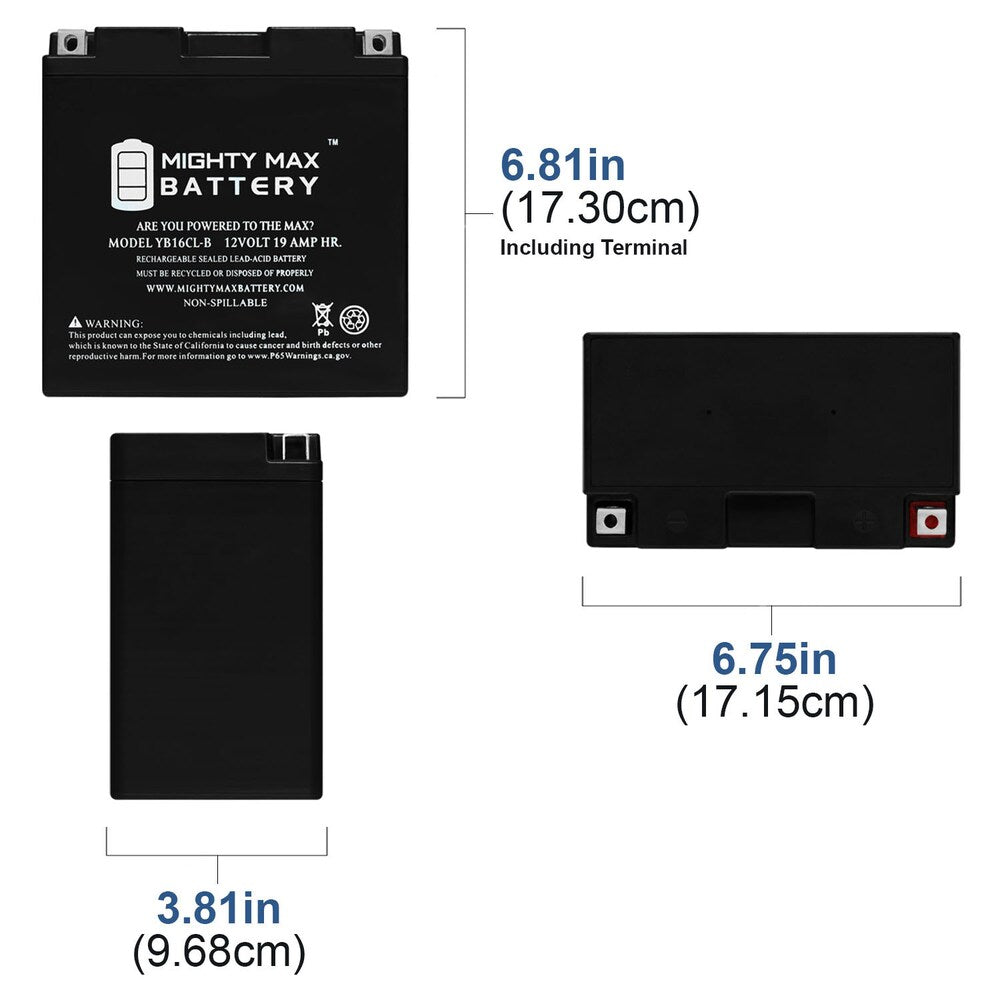 YB16CL-B - Batterie de moto rechargeable SLA AGM sans entretien 12 volts 19 AH, 250 CCA