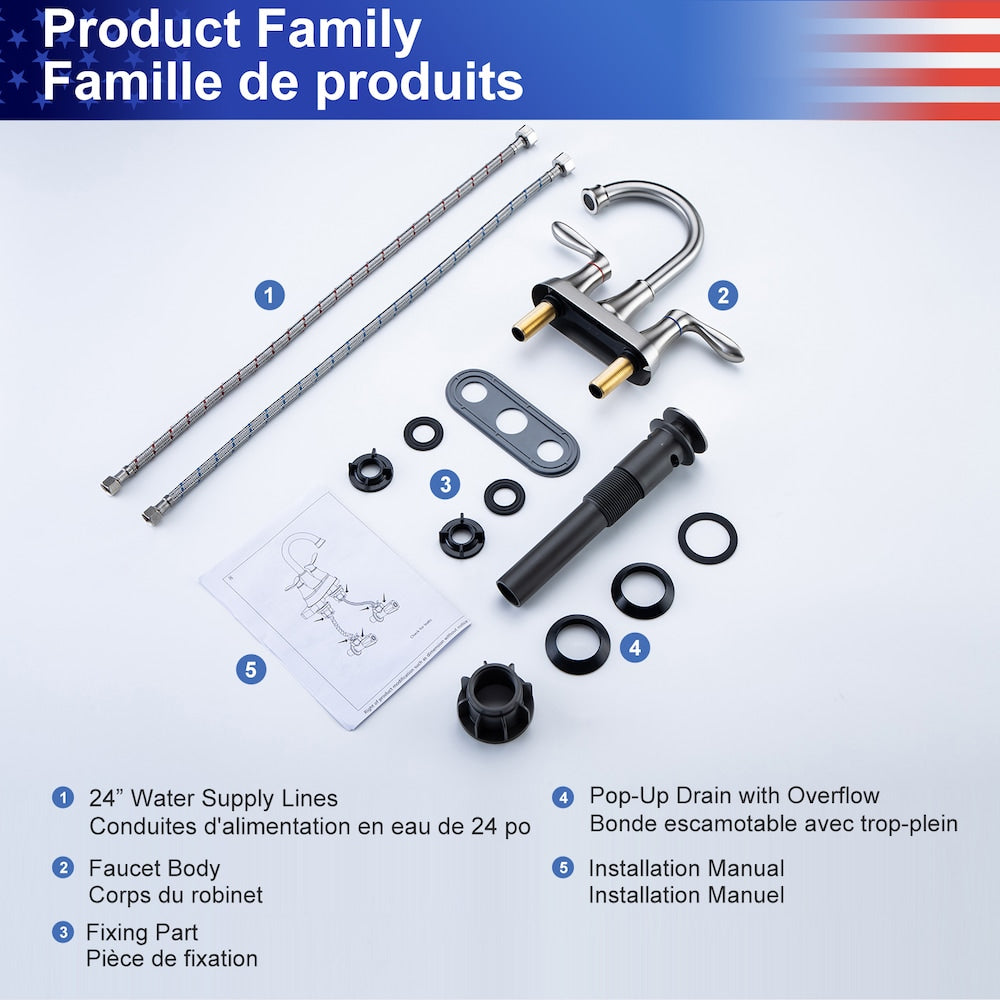 A1 Centerset Faucet 4-inch 2-handle Bathroom Faucet with Drain Assembly in Brush Nickel