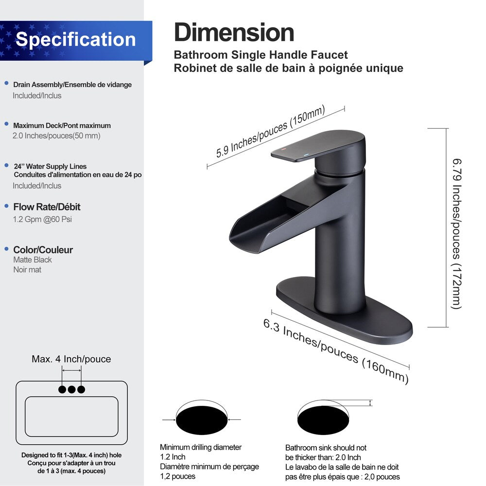 Robinet de salle de bain monotrou à 1 poignée C2 avec ensemble de vidange en noir mat