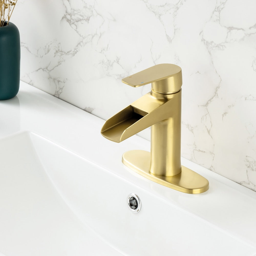 Robinet de salle de bain monotrou à 1 poignée C2 avec ensemble de vidange en or brossé