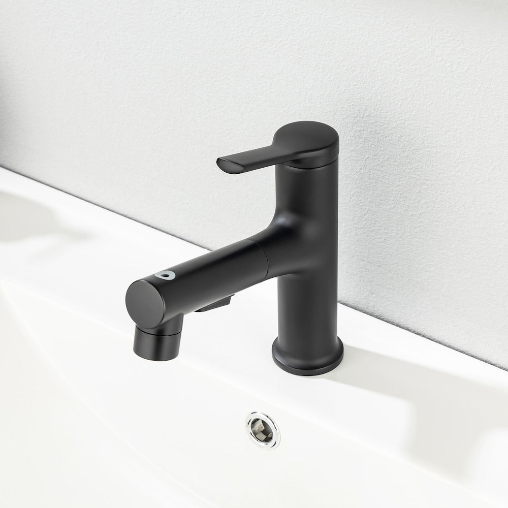 Robinet de lavabo de salle de bain à 1 poignée et extractible D2 avec conduite d'alimentation en eau en noir mat