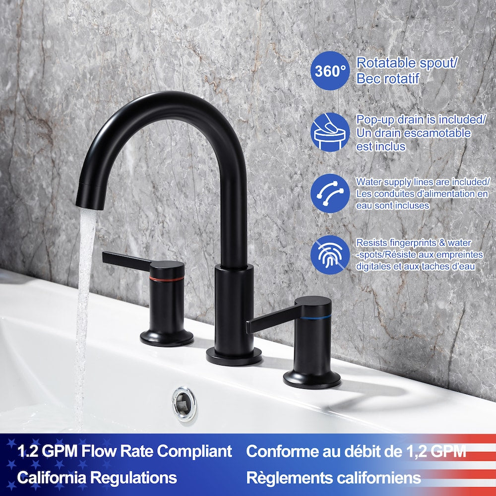 Robinet de salle de bain à 2 poignées H2 avec ensemble de vidange en noir mat