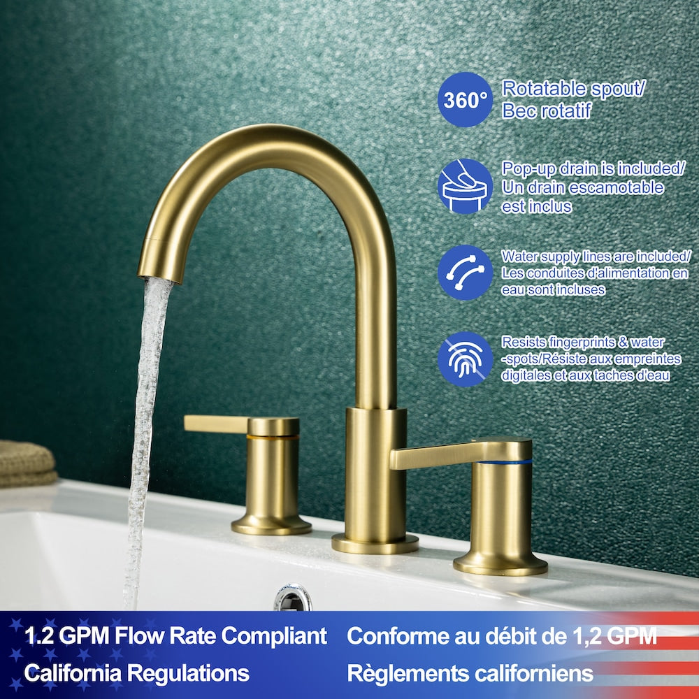 Robinet de salle de bain à 2 poignées H2 avec ensemble de vidange en or brossé