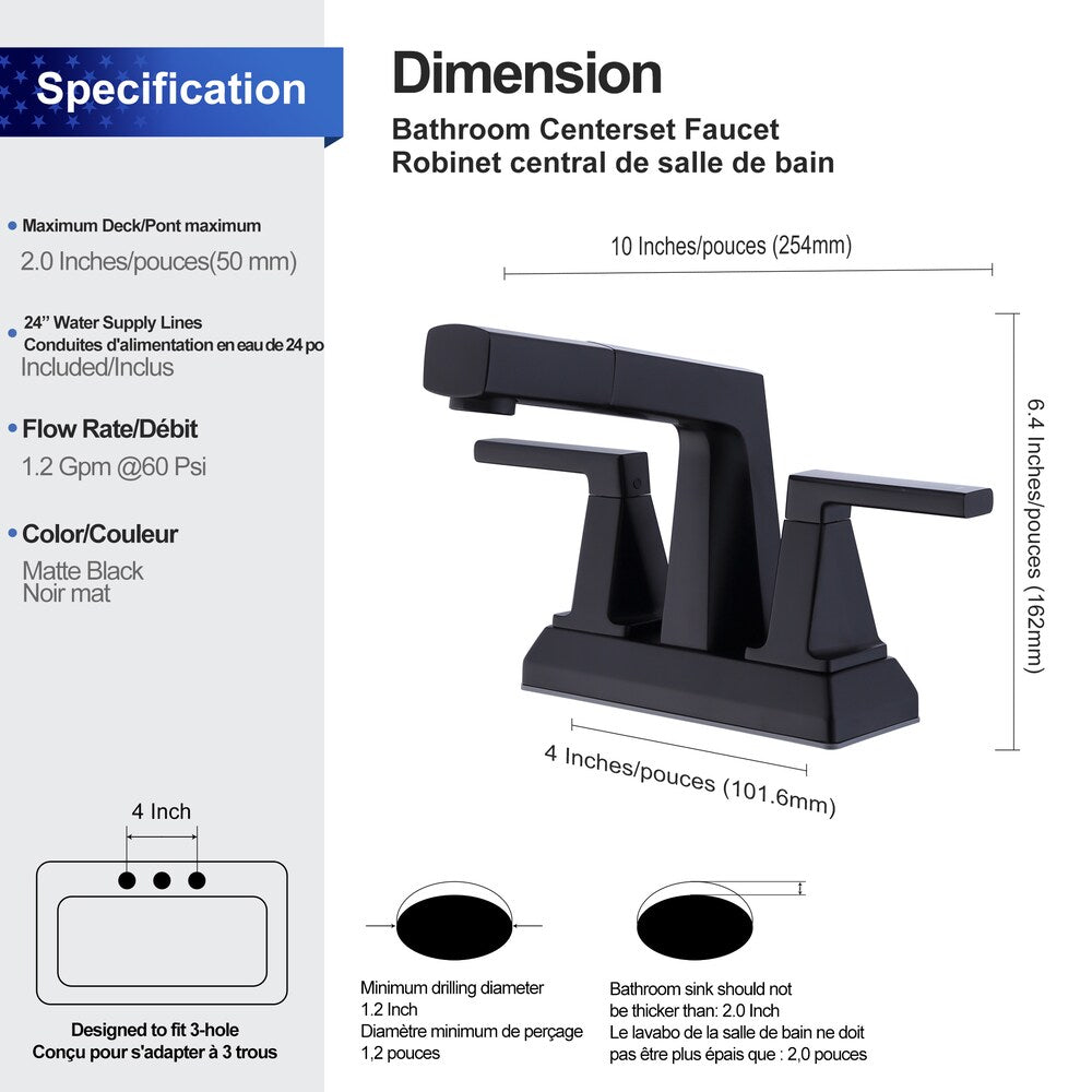 Robinet de salle de bain central à 2 poignées J2 en noir mat