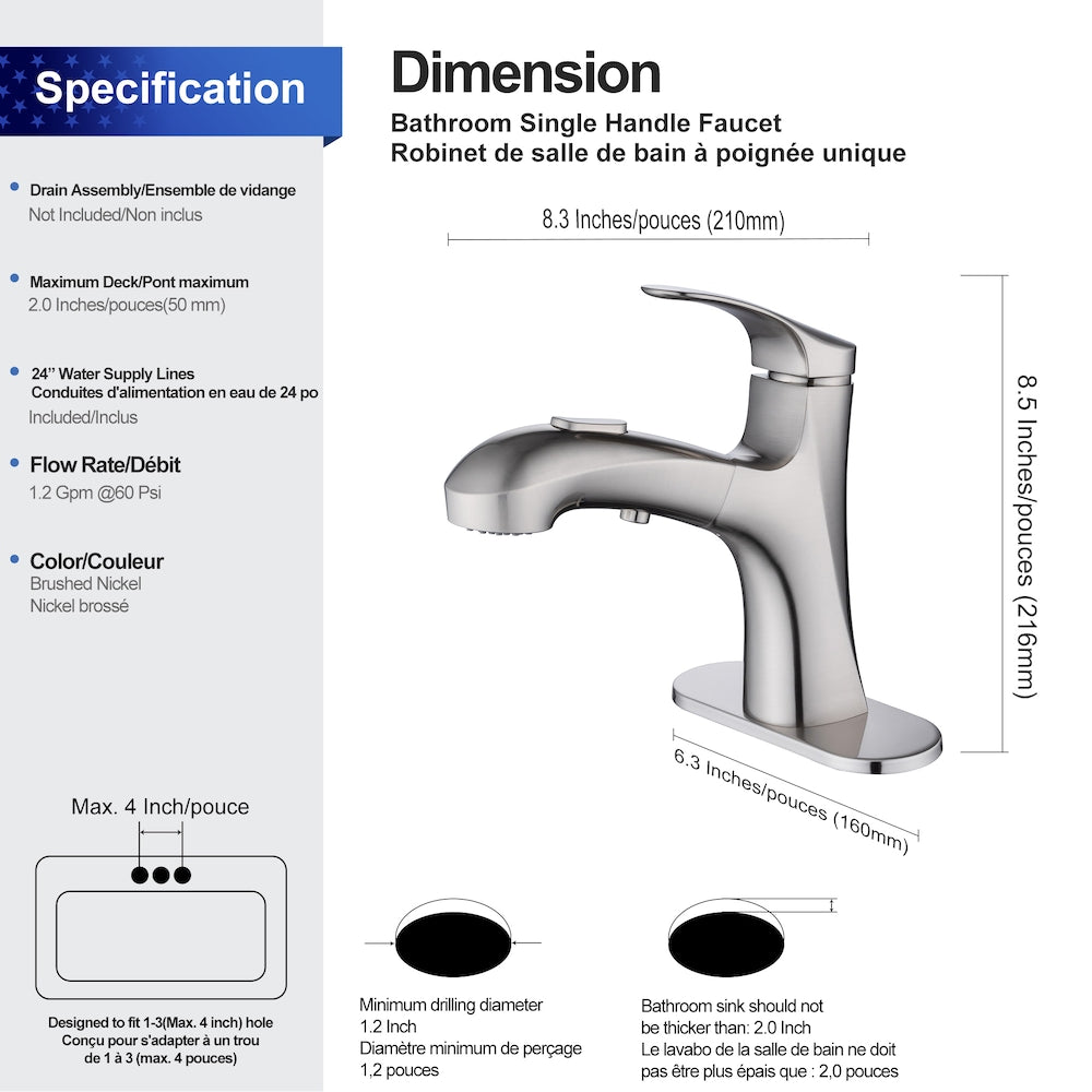 Robinet de salle de bain à 1 poignée pour lavabo C1 en nickel brossé