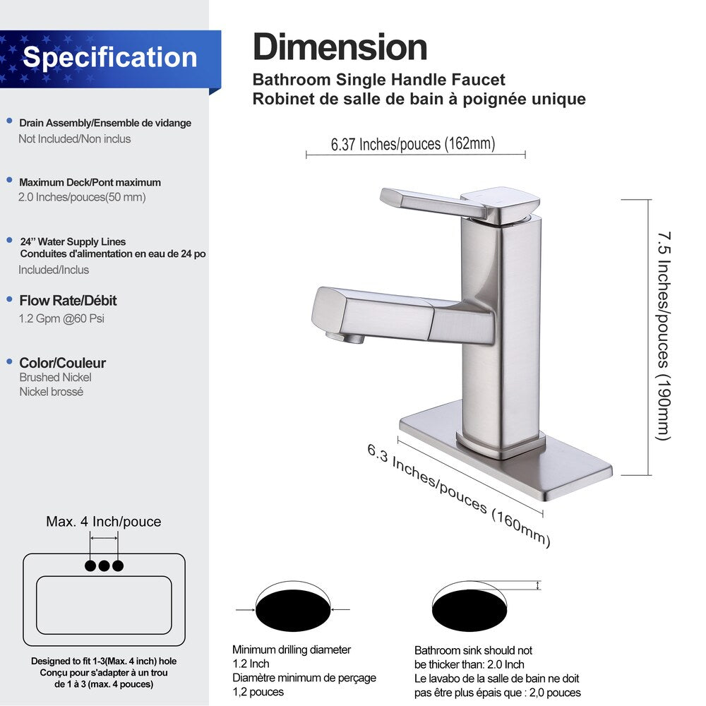 D1 1-Handle Multifunctional Single Hole Bathroom Faucet in Brushed Nickel