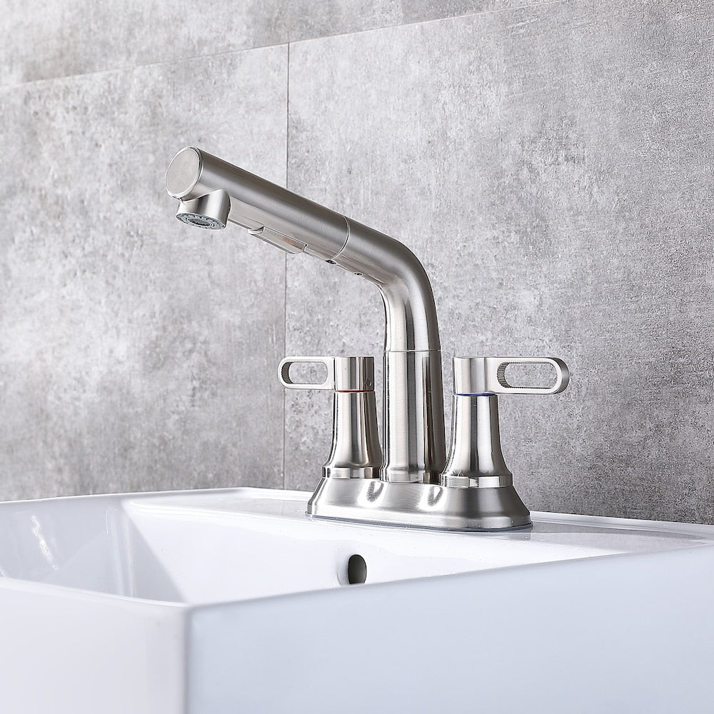 Robinet de salle de bain central à 2 poignées et bec rétractable E1 en nickel brossé
