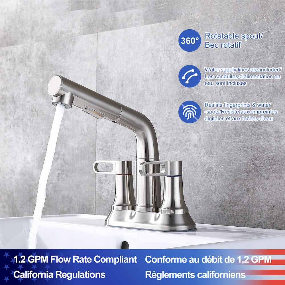 Robinet de salle de bain central à 2 poignées et bec rétractable E1 en nickel brossé