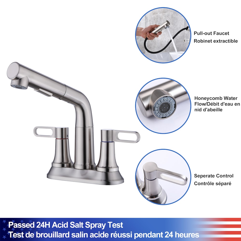 Robinet de salle de bain central à 2 poignées et bec rétractable E1 en nickel brossé