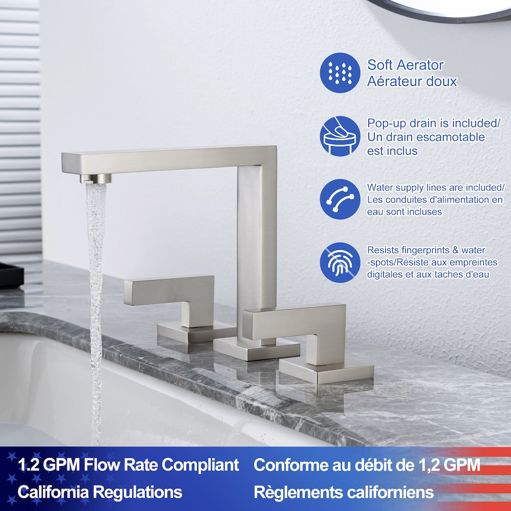 Robinet de salle de bain carré à 2 poignées A6 avec ensemble de vidange en nickel brossé