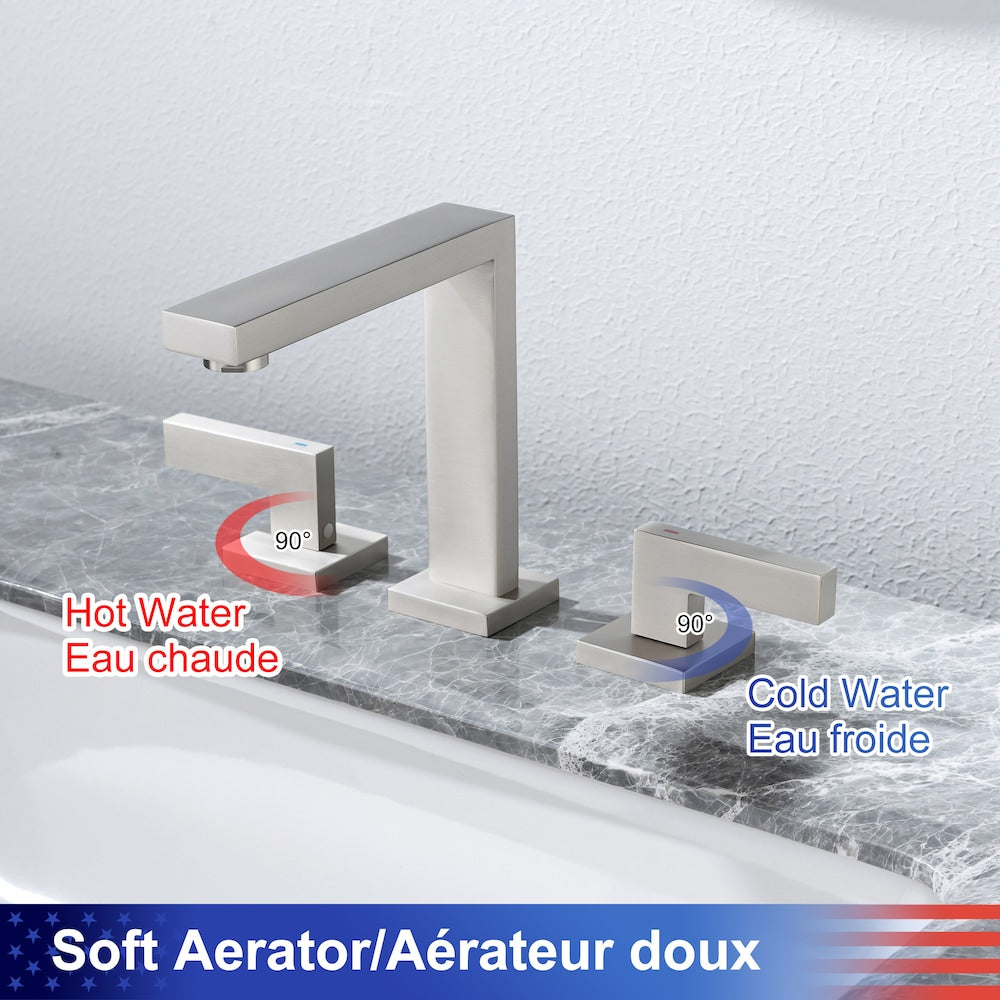 Robinet de salle de bain carré à 2 poignées A6 avec ensemble de vidange en nickel brossé