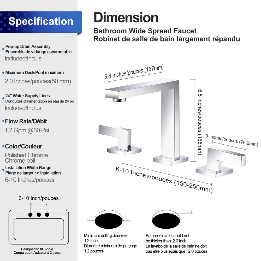 A6 2-Handle Square Widespread Bathroom Faucet with Drain Assembly in Chrome