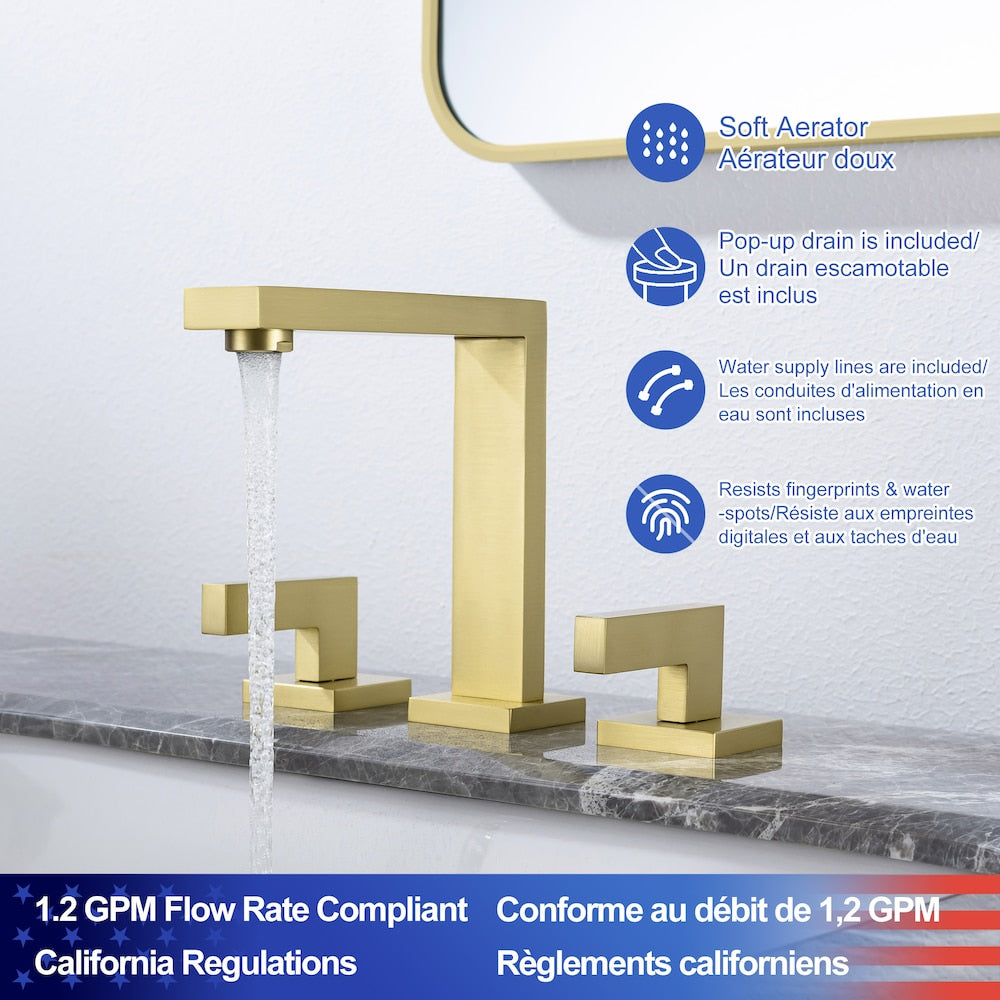 A6 2-Handle Square Widespread Bathroom Faucet with Drain Assembly in Brushed Gold