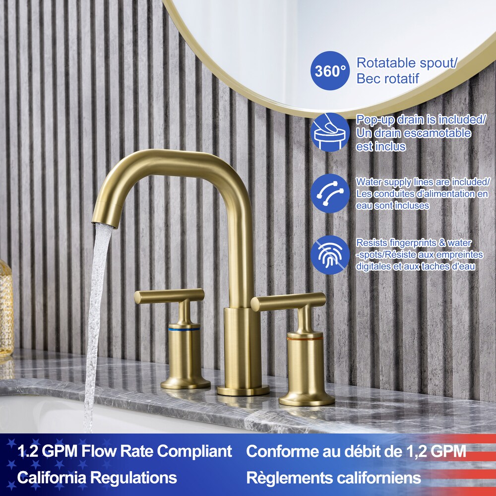 A9 2-Handle Widespread Bathroom Faucet with Drain Assembly in Brushed Gold
