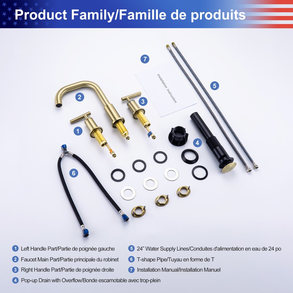 A9 2-Handle Widespread Bathroom Faucet with Drain Assembly in Brushed Gold