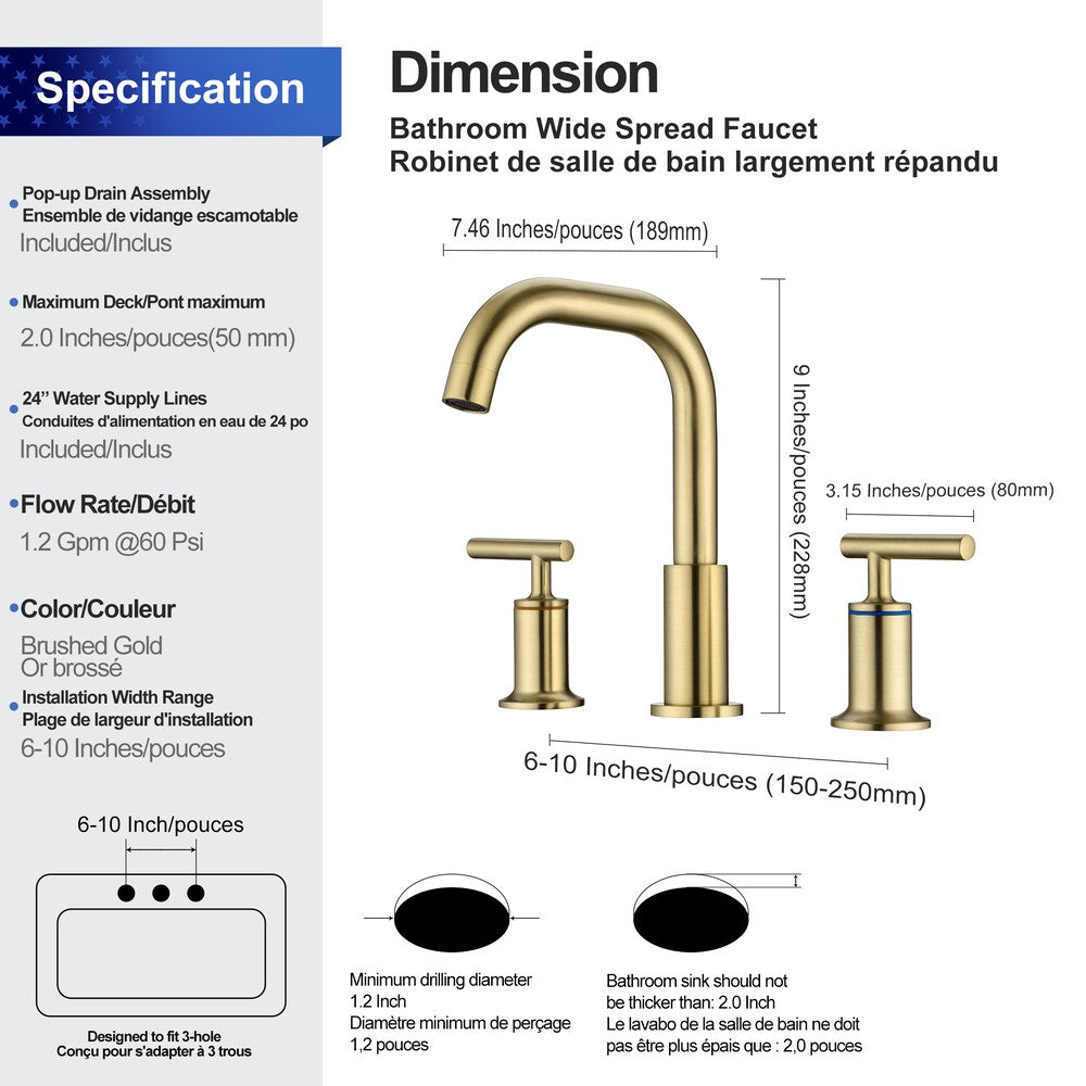 A9 2-Handle Widespread Bathroom Faucet with Drain Assembly in Brushed Gold