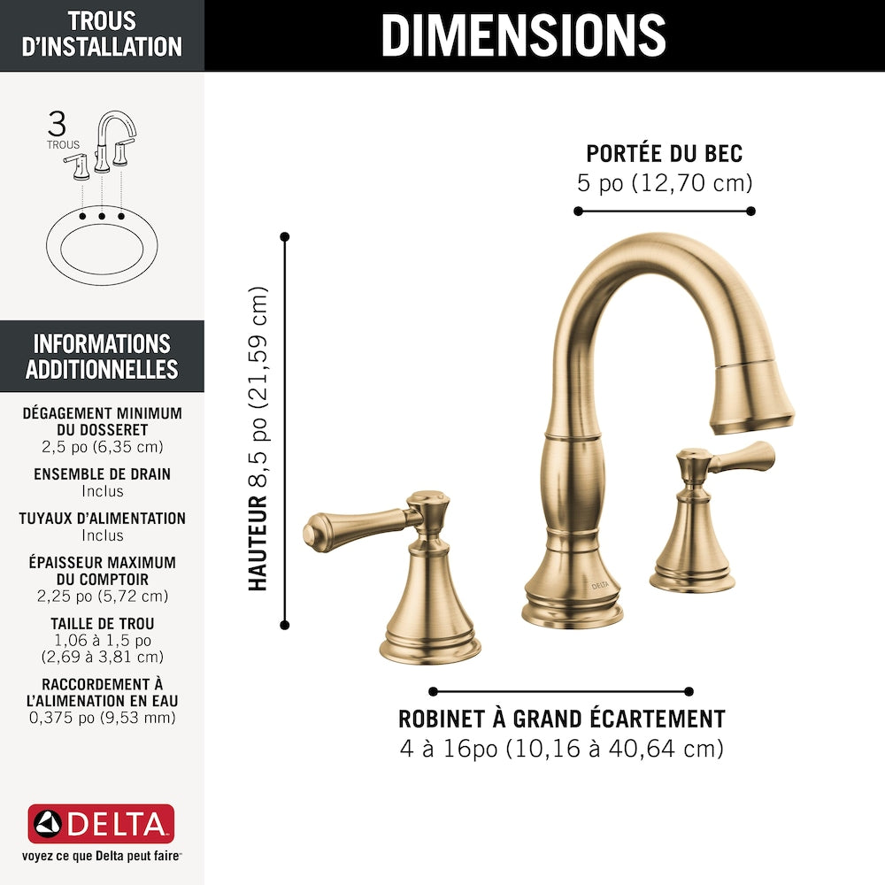Robinet de salle de bain à deux poignées et à large bec rétractable Cassidy de 8 po en bronze champagne