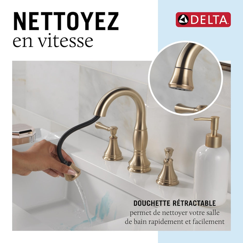 Robinet de salle de bain à deux poignées et à large bec rétractable Cassidy de 8 po en bronze champagne