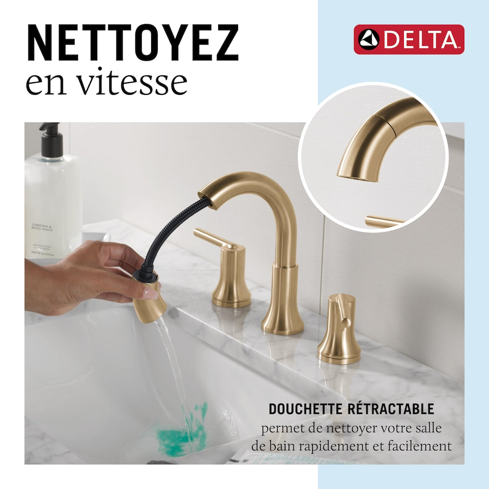 Robinet de salle de bain à deux poignées et à bec rétractable Trinsic de 8 po en bronze champagne