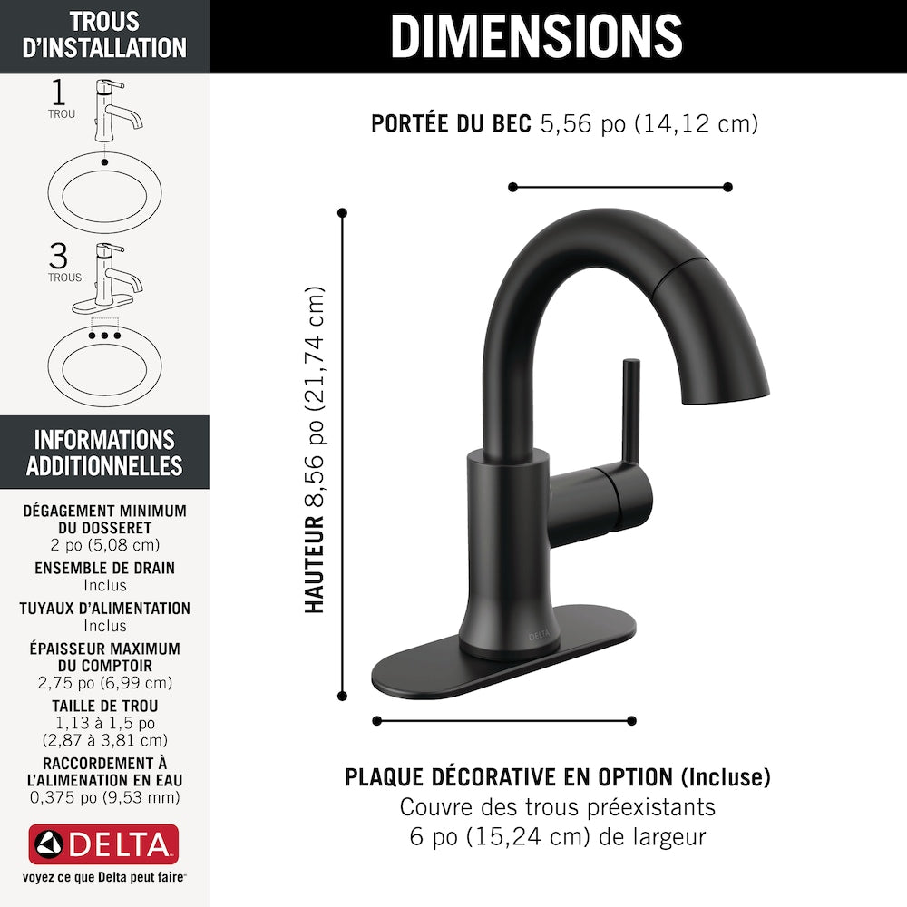 Robinet de salle de bain à poignée unique et à trou unique Trinsic avec bec rétractable en noir mat