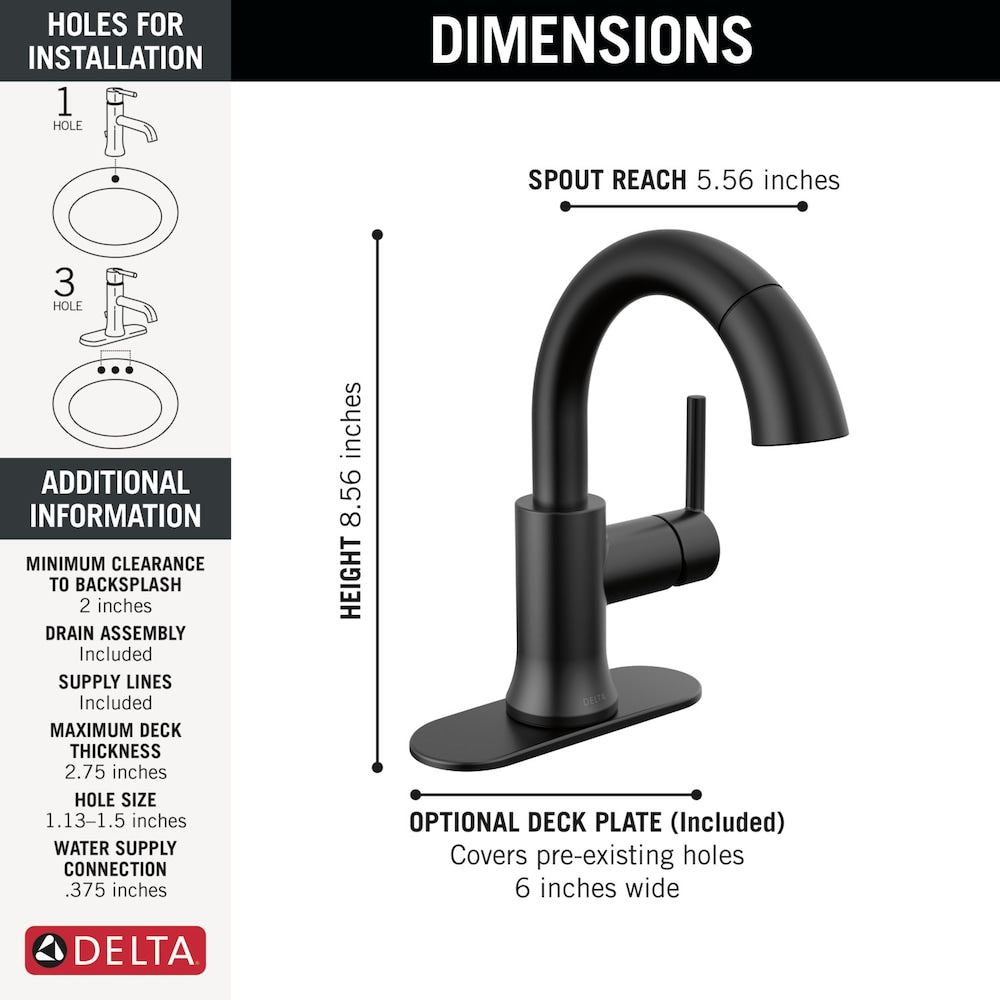 Robinet de salle de bain à poignée unique et à trou unique Trinsic avec bec rétractable en noir mat